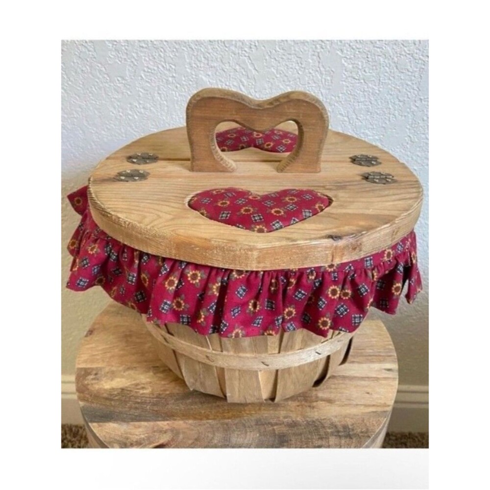 Vintage Wooden Lined Bushel Sewing Basket